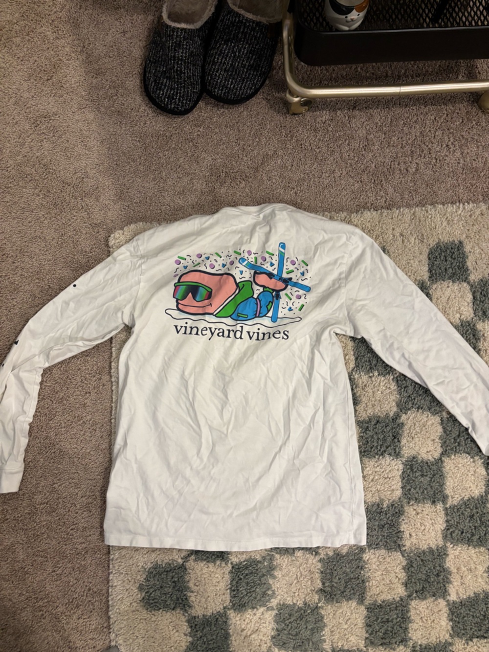 Vineyard Vines White Long Sleeve Tee with Multicolor Skiing Whale Graphic